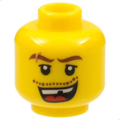 yellow minifigure head reddish brown wavy eyebrows with scar upper eyelids moustache stubble open mouth smile with top teeth and red tongue missing tooth pattern