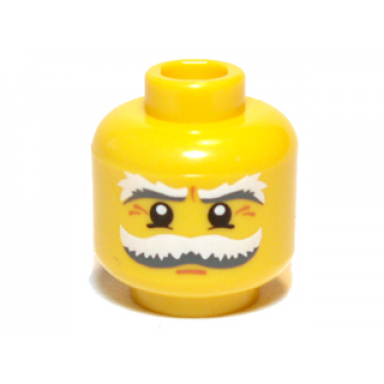 yellow minifigure head moustache and eyebrows white and dark bluish gray bushy white pupils and crows feet pattern