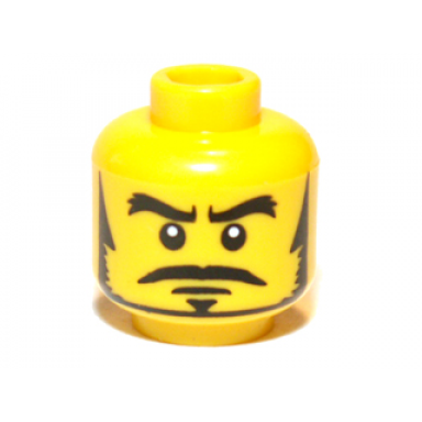 yellow minifigure head male black thick eyebrows sideburns goatee moustache and white pupils pattern