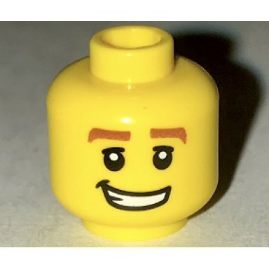 yellow minifigure head male thick reddish brown eyebrows white pupils and lopsided grin with teeth pattern