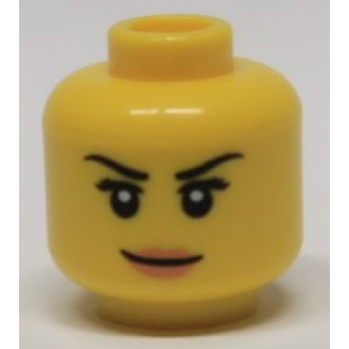 yellow minifigure head female with pink lips eyelashes and white pupils pattern
