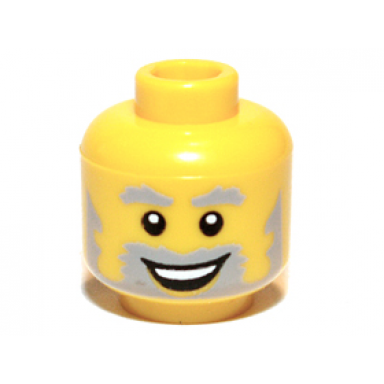 yellow minifigure head light bluish gray bushy eyebrows and beard open mouth smile with top teeth pattern