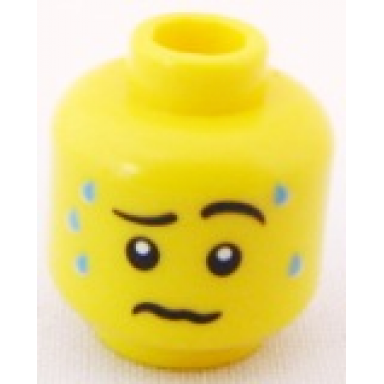 yellow minifigure head male wrinkled mouth and sweat drops pattern