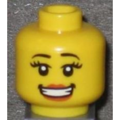 yellow minifigure head female with small pink lips open mouth smile with teeth thick eyelashes and white pupils pattern snowboarder