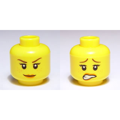 yellow minifigure head dual sided female reddish brown eyebrows black eyelashes nougat freckles dark orange lips grin scared lopsided open mouth with teeth pattern