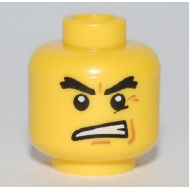 yellow minifigure head black raised eyebrows angry open mouth white pupils pattern
