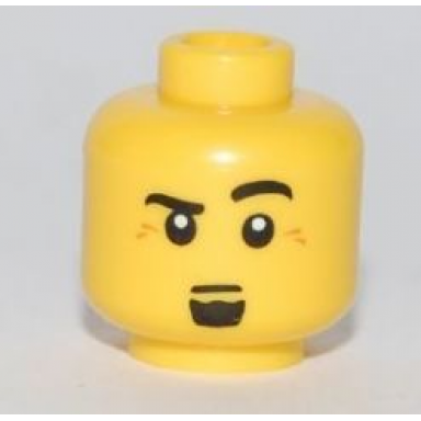 yellow minifigure head male black eyebrows raised left eyebrow black goatee white pupils pattern