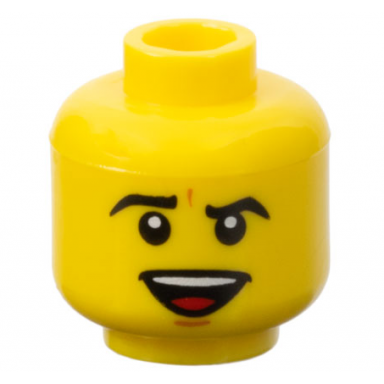 yellow minifigure head black angled eyebrows dark orange chin dimple open mouth smile with top teeth and red tongue pattern