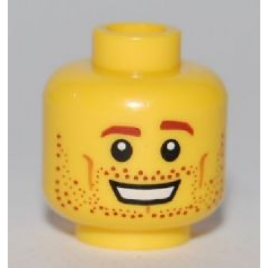 yellow minifigure head male brown eyebrows open mouth smile stubble white pupils pattern