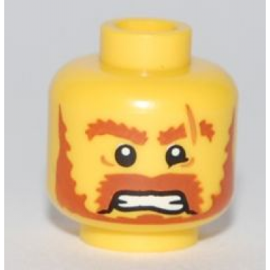 yellow minifigure head male brown beard brown eyebrows scar across left eyebrow open angry mouth white pupils pattern