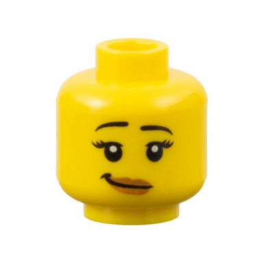 yellow minifigure head female black eyebrows raised eyelashes medium nougat lips lopsided grin with dimple pattern