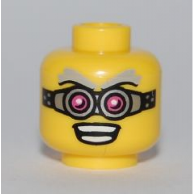 yellow minifigure head glasses pink and silver gray eyebrows open mouth with teeth pattern