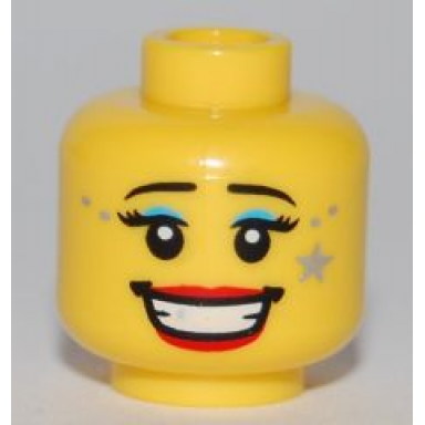 yellow minifigure head female with thin eyebrows eyelashes light blue eye shadow open mouth smile teeth red lips gray star pattern