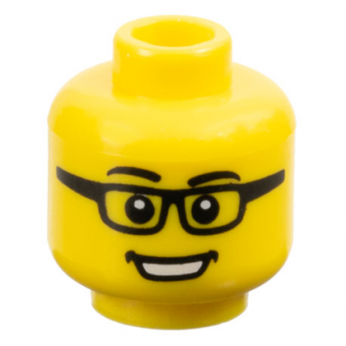 yellow minifigure head black eyebrows and glasses open mouth smile with teeth pattern