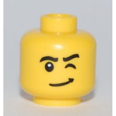 yellow minifigure head black eyebrows left eye wink lopsided grin with dimple pattern