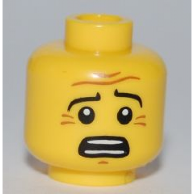 yellow minifigure head black eyebrows white pupils wrinkles scared look open mouth with teeth pattern