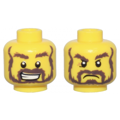yellow minifigure head dual sided dark brown bushy eyebrows moustache and full beard lopsided open mouth smile with teeth upper eyelids and angry frown pattern