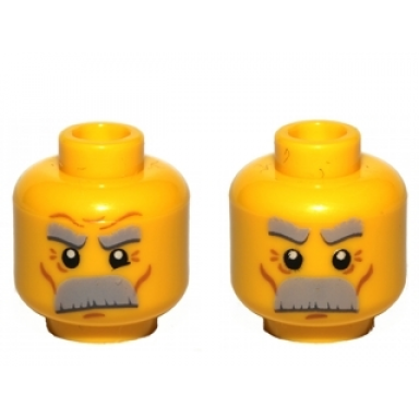 yellow minifigure head dual sided light bluish gray thick eyebrows and moustache medium nougat cheek lines chin dimple and wrinkles angry furrowed brow stern pattern