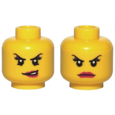 yellow minifigure head dual sided female black thin eyebrows eyelashes medium lavender eye shadow magenta lips lower eyelids and lopsided open mouth smirk with teeth angry frown pattern