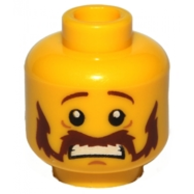 yellow minifigure head reddish brown eyebrows bushy moustache and mutton chops medium nougat chin dimple scared open mouth with teeth pattern