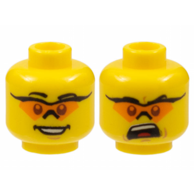 yellow minifigure head dual sided black eyebrows sunglasses with single orange lens and nose piece medium nougat chin dimple open mouth smile with teeth angry yell with top teeth and red tongue pattern