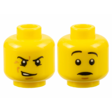 yellow minifigure head dual sided black eyebrows medium nougat chin dimple lower eyelids and lopsided open mouth scowl with teeth surprised pattern