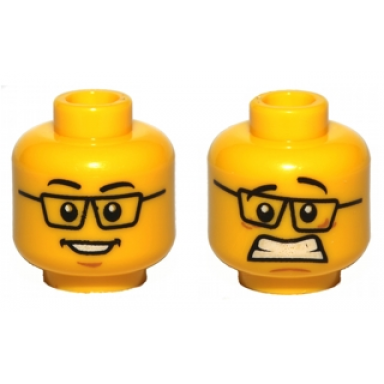 yellow minifigure head dual sided black eyebrows and glasses medium nougat chin dimple open mouth smile with teeth scared pattern