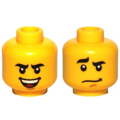 yellow minifigure head dual sided black thick eyebrows medium nougat chin dimple open mouth smile with top teeth and red tongue worried pattern