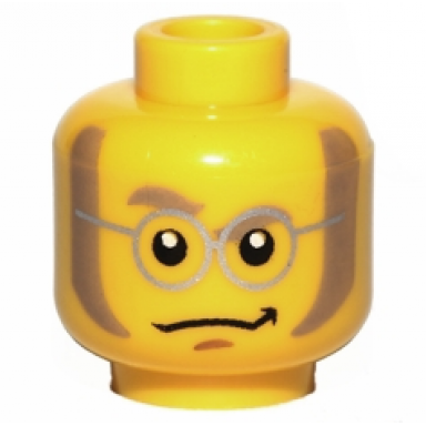 yellow minifigure head dark tan thick eyebrows right raised long sideburns round glasses with silver frames medium nougat chin dimple smirk pattern