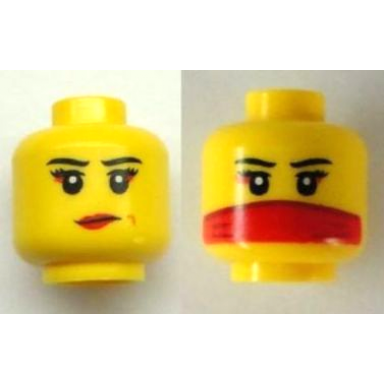 yellow minifigure head dual sided female black eyebrows eyelashes red eye shadow and lips smirk with medium nougat dimple veil over mouth pattern