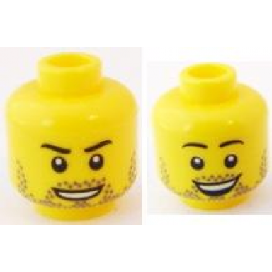 yellow minifigure head dual sided black eyebrows dark bluish gray beard stubble open mouth smile with full teeth top teeth pattern