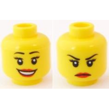 yellow minifigure head dual sided female black thin eyebrows eyelashes red lips open mouth smile with teeth angry frown pattern