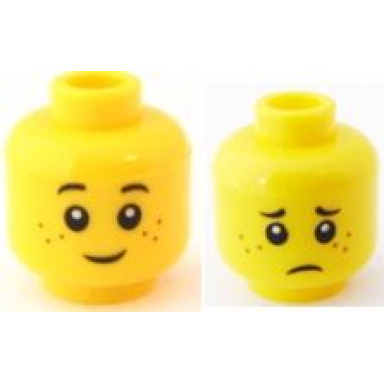 yellow minifigure head dual sided child black eyebrows reddish brown freckles grin sad frown pattern