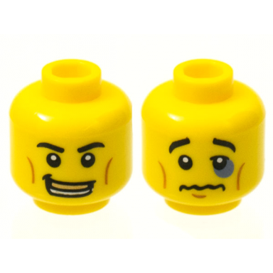 yellow minifigure head dual sided black eyebrows white pupils open smile with gold mouth guard black eye crooked lips sad pattern