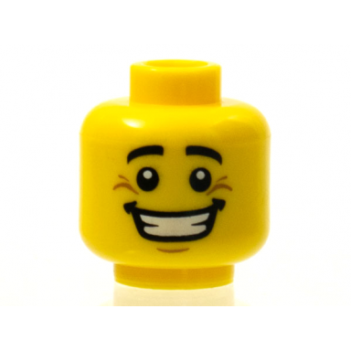 yellow minifigure head black eyebrows white pupils chin dimple crows feet open mouth smile with teeth pattern