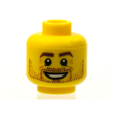 yellow minifigure head beard stubble brown eyebrows white pupils crows feet open smile pattern