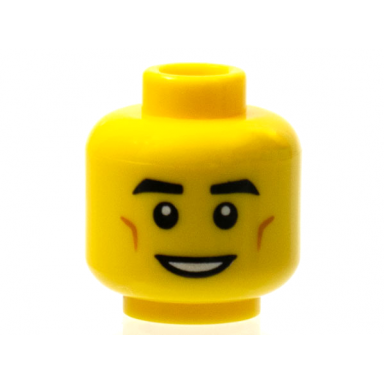 yellow minifigure head black thick eyebrows dark orange cheek lines open mouth smile with teeth pattern