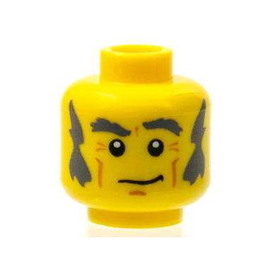 yellow minifigure head male dark bluish gray eyebrows bushy sideburns and crooked smile pattern