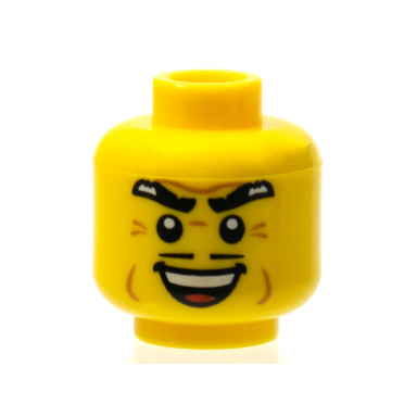 yellow minifigure head male thick eyebrows thin black moustache cheek dimples and sinister open smile pattern