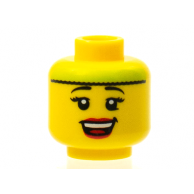 yellow minifigure head female lime headband black eyebrows eyelashes red lips open mouth smile with top teeth and tongue pattern
