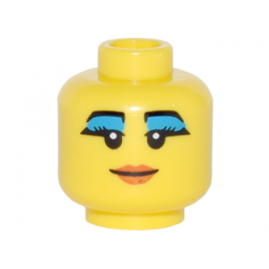 yellow minifigure head female black eyebrows eyelashes with thick dark azure eye shadow smile and dark orange lips pattern