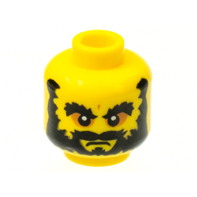 yellow minifigure head beard black bushy eyebrows angry mouth white pupils pattern