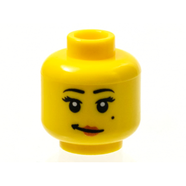 yellow minifigure head female black eyelashes white pupils red lips crooked smile and beauty mark on left cheek pattern