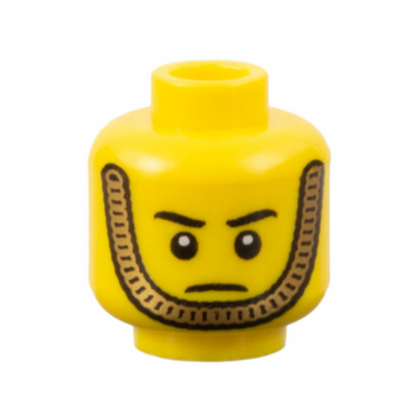yellow minifigure head male stern eyebrows white pupils and gold chin strap pattern