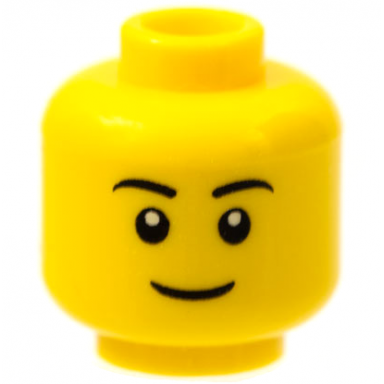 yellow minifigure head black eyebrows thin grin black eyes with white pupils pattern