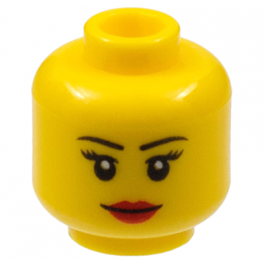 yellow minifigure head female black thin eyebrows eyelashes red lips grin pattern