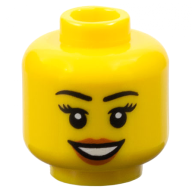 yellow minifigure head female black eyebrows and eyelashes dark orange lips open mouth smile with teeth pattern