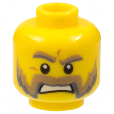 yellow minifigure head dark tan and dark bluish gray thick eyebrows moustache and mutton chops medium nougat wrinkles angry open mouth scowl with teeth pattern