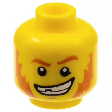 yellow minifigure head dark orange eyebrows and mutton chops medium nougat chin dimple lopsided open mouth smile with teeth and chipped tooth pattern