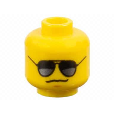 yellow minifigure head black sunglasses with dark silver reflections medium nougat chin dimple grim smirk pattern